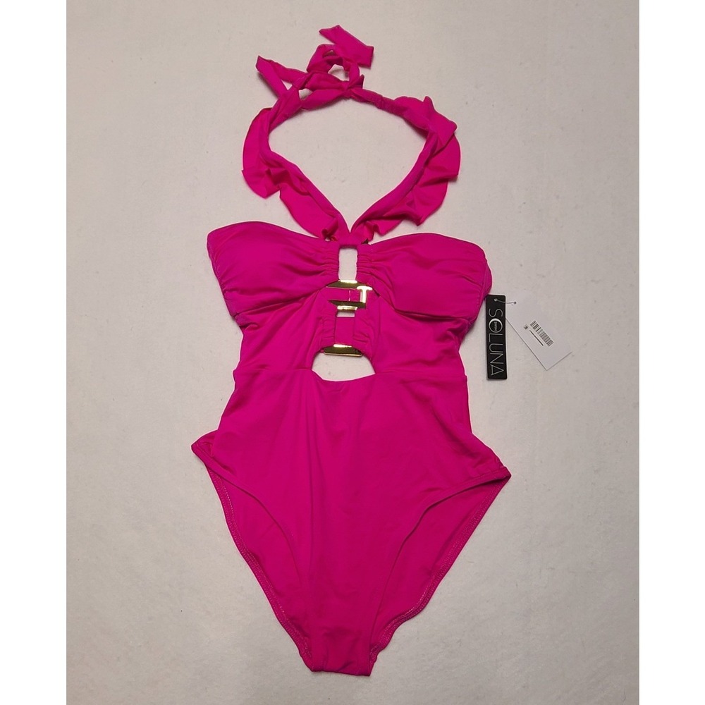 Soluna Swim Womens Pink Ruffle Halter Cutout Monokini‎ Gold Hardware Small NEW